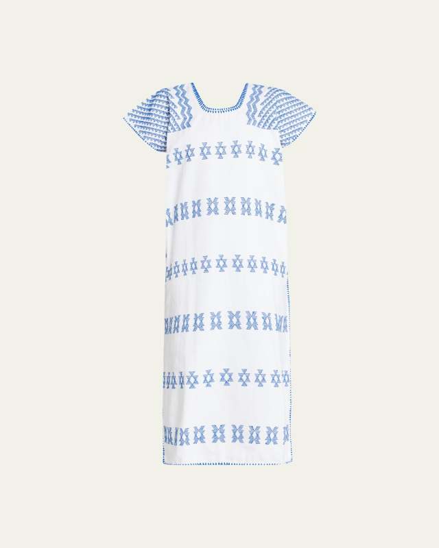 Single-Panel White Midi Kaftan With Blue Embroidery
